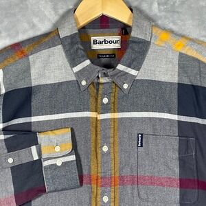 Barbour Tailored Fit Plaid Button Down Shirt Men L Grey Yellow Burgundy Flannel